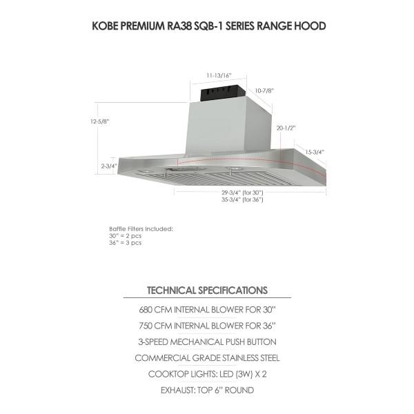 KOBE Premium RA38 36" Stainless Steel 680 CFM Under Cabinet Range Hood