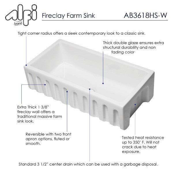 ALFI brand AB3618HS-W 36" White Reversible Single Bowl Fireclay Farmhouse Sink