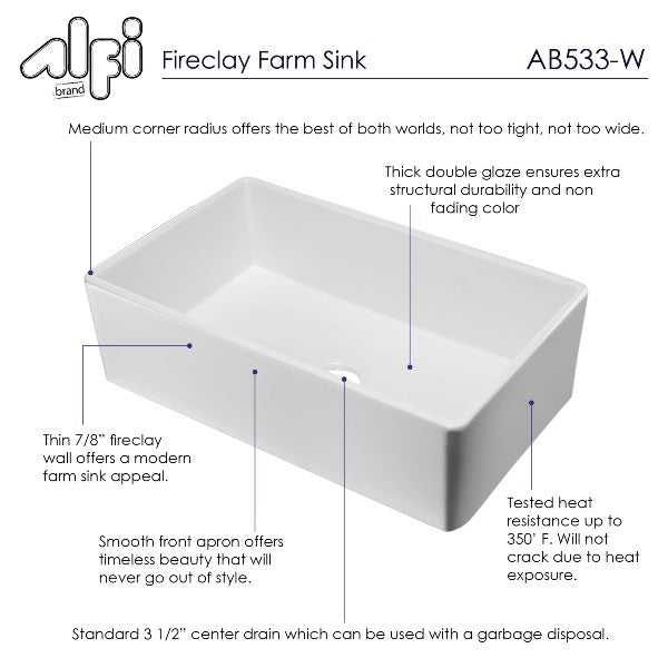 ALFI brand AB533-W 33" White Smooth Single Bowl Fireclay Farmhouse Sink