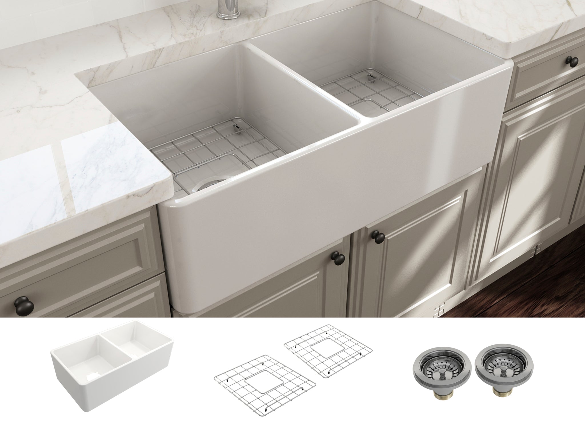 BOCCHI Classico 33D Farmhouse Apron Front Sink Double Bowl Free Grid