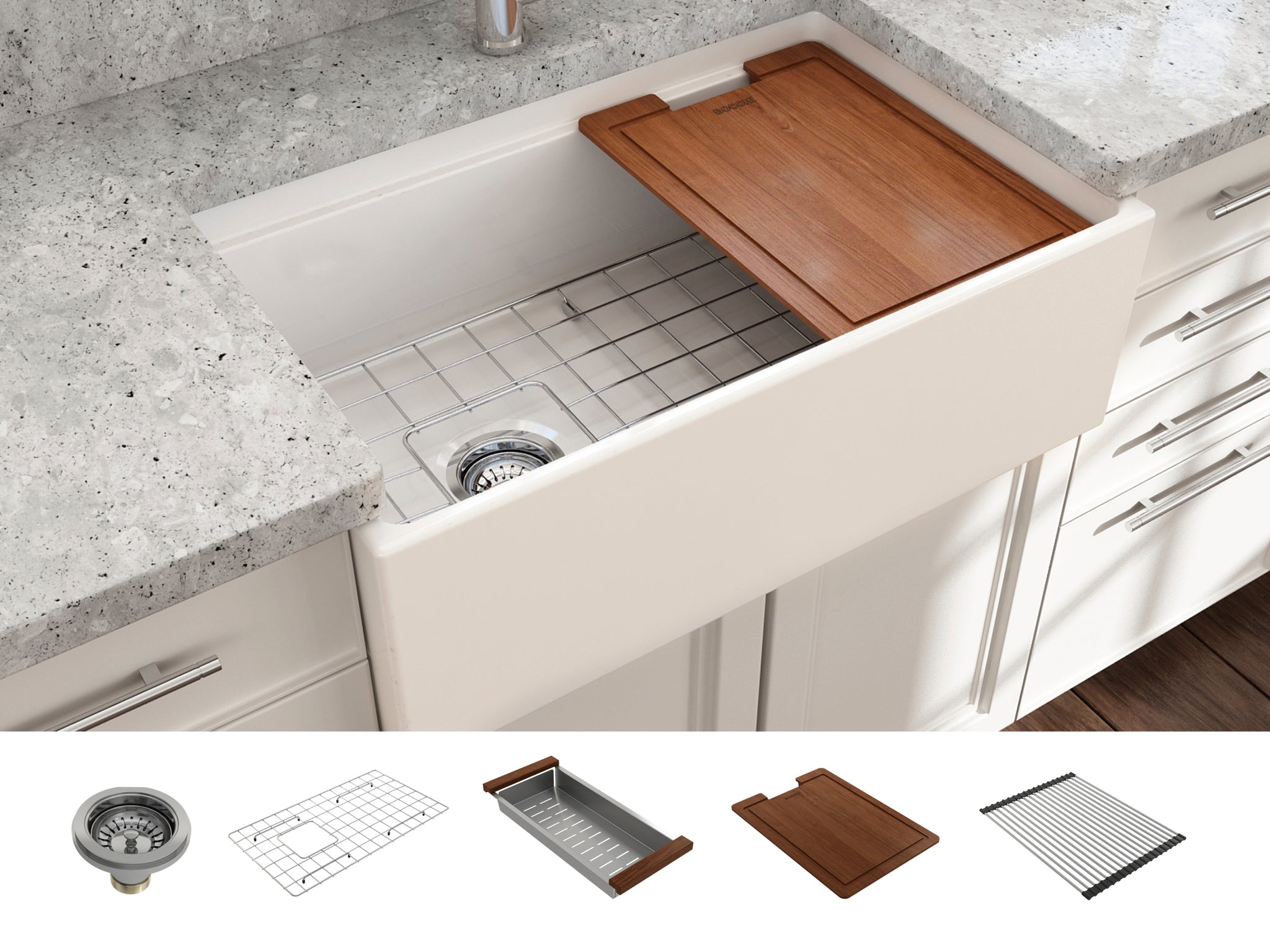 BOCCHI Contempo 30 White Fireclay Farmhouse Sink Single Bowl w/ Integrated Work Station