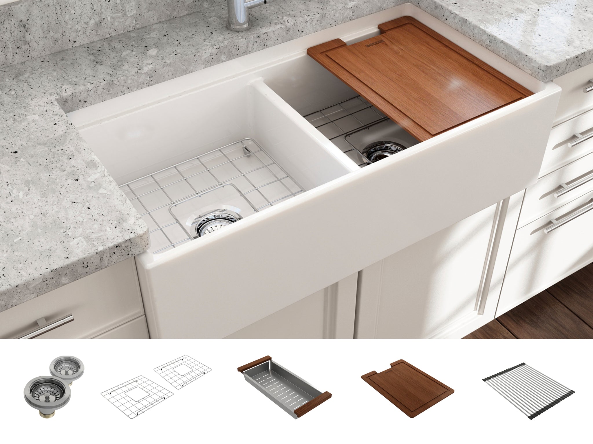 BOCCHI Contempo 36D White Double Bowl Fireclay Farmhouse Sink w/ Integrated Work Station