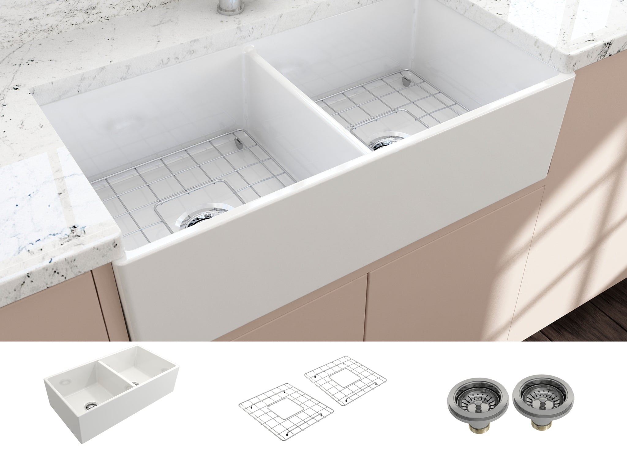 BOCCHI Contempo 36D White Fireclay Farmhouse Sink Double With Free Grid