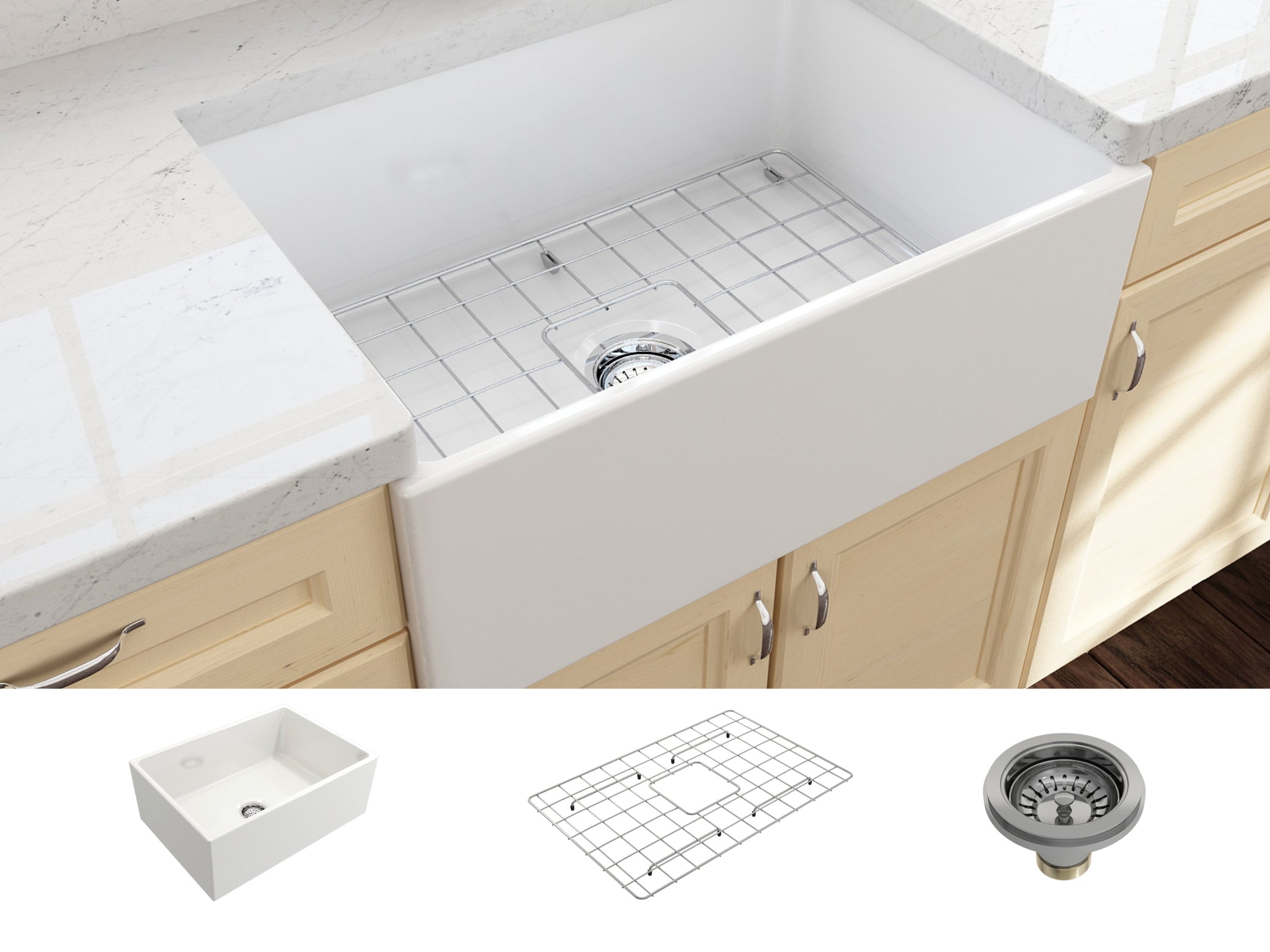 BOCCHI Contempo 27 White Fireclay Single Bowl Farmhouse Sink w/ Grid