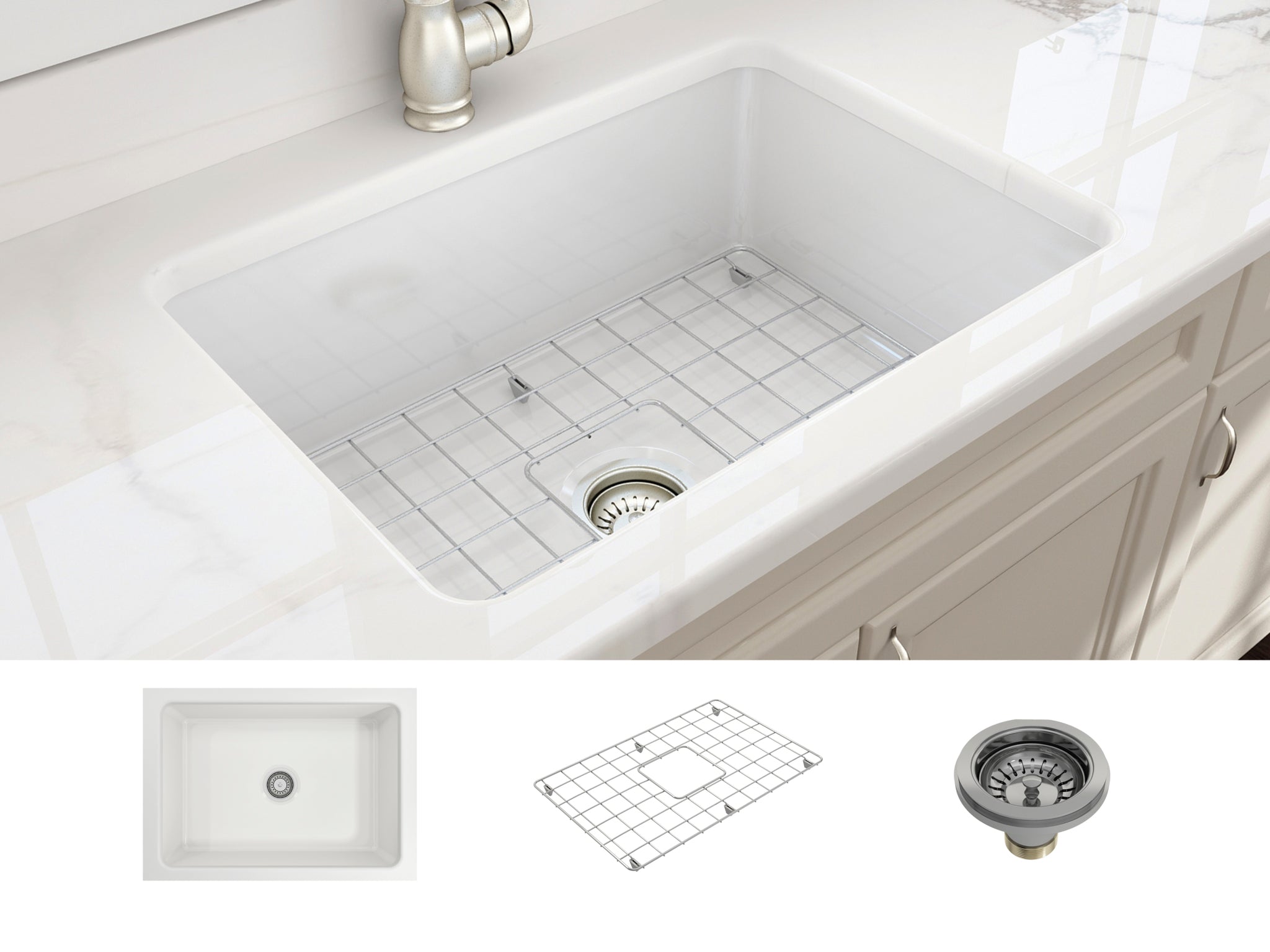BOCCHI Sotto 27 White Fireclay Single Undermount Kitchen Sink  w/ Grid