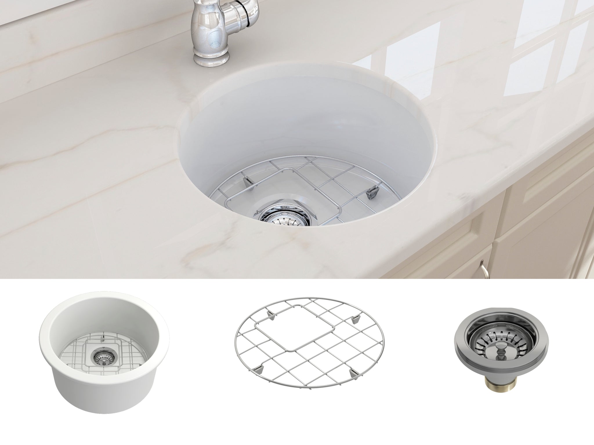 BOCCHI Sotto 18" White Round Single Bowl Fireclay Undermount Prep Sink