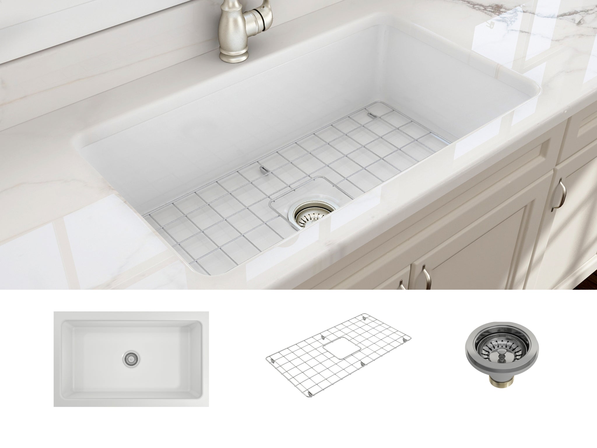 BOCCHI Sotto 32 Undermount Fireclay Kitchen Sink Free Grid