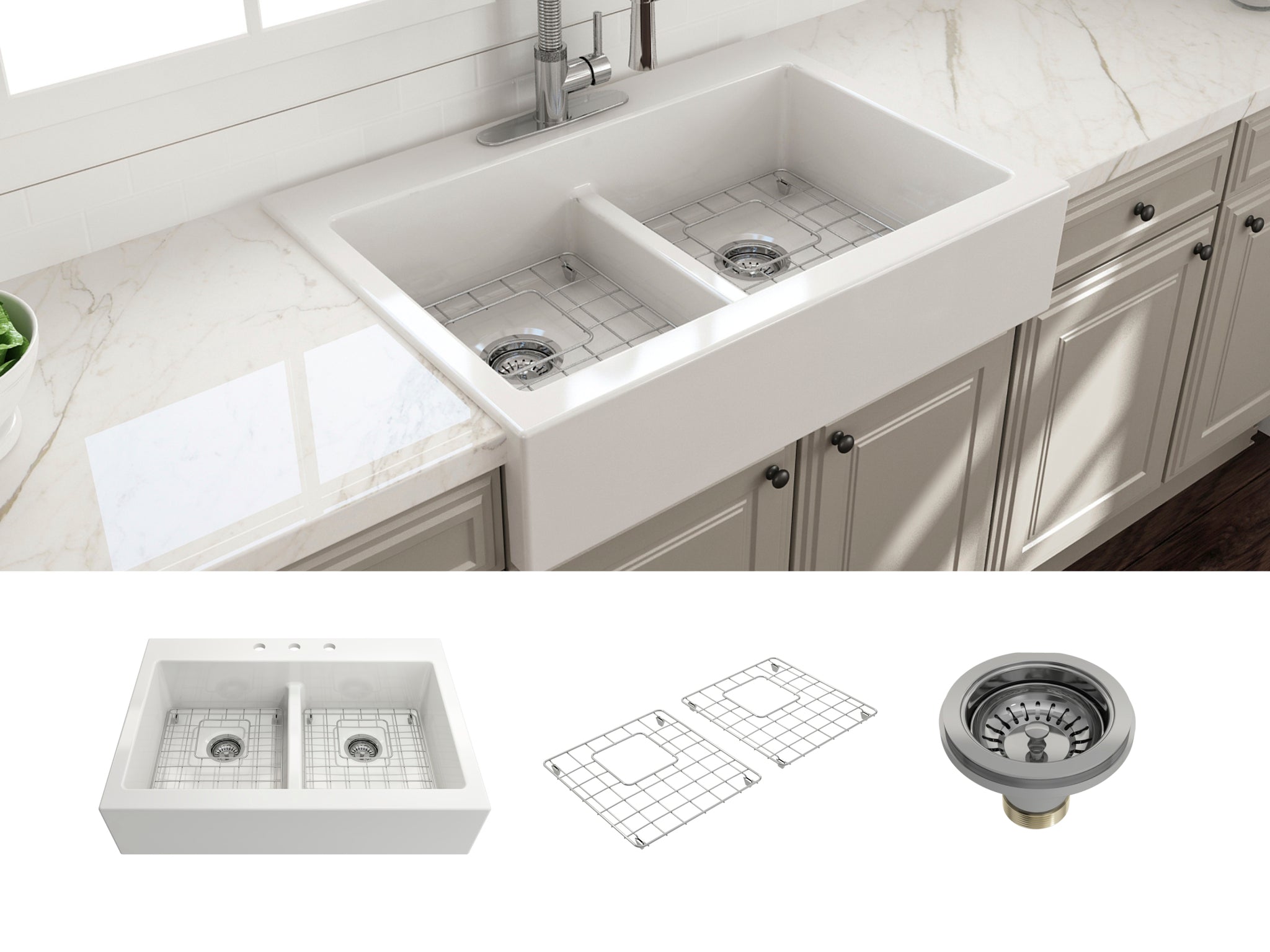 Bocchi Nuova 34" White Double Bowl Fireclay Drop-In Sink w/ Grids and Strainers