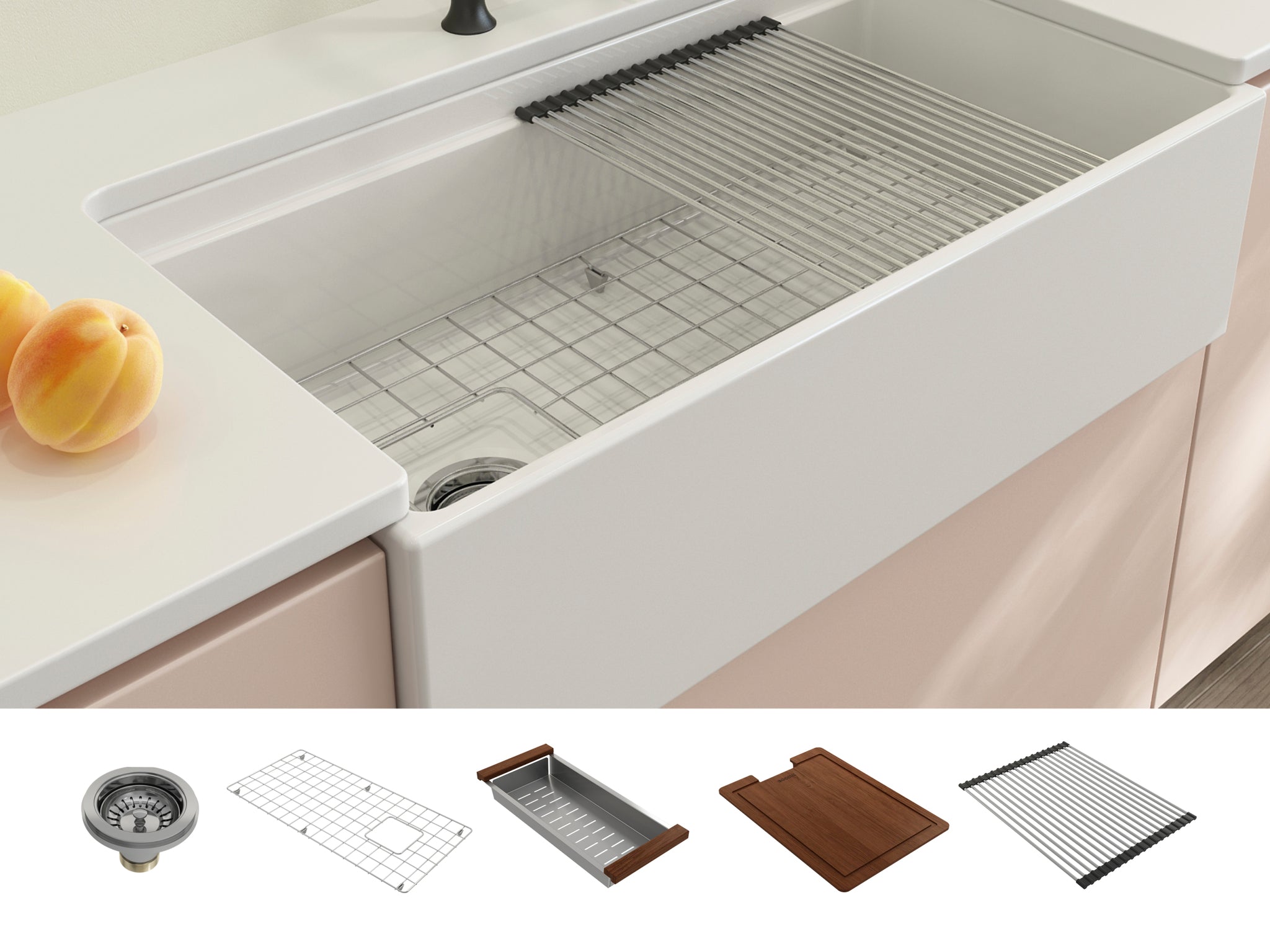 BOCCHI Contempo 36" White Single Bowl Fireclay Farmhouse Sink w/ Integrated Work Station