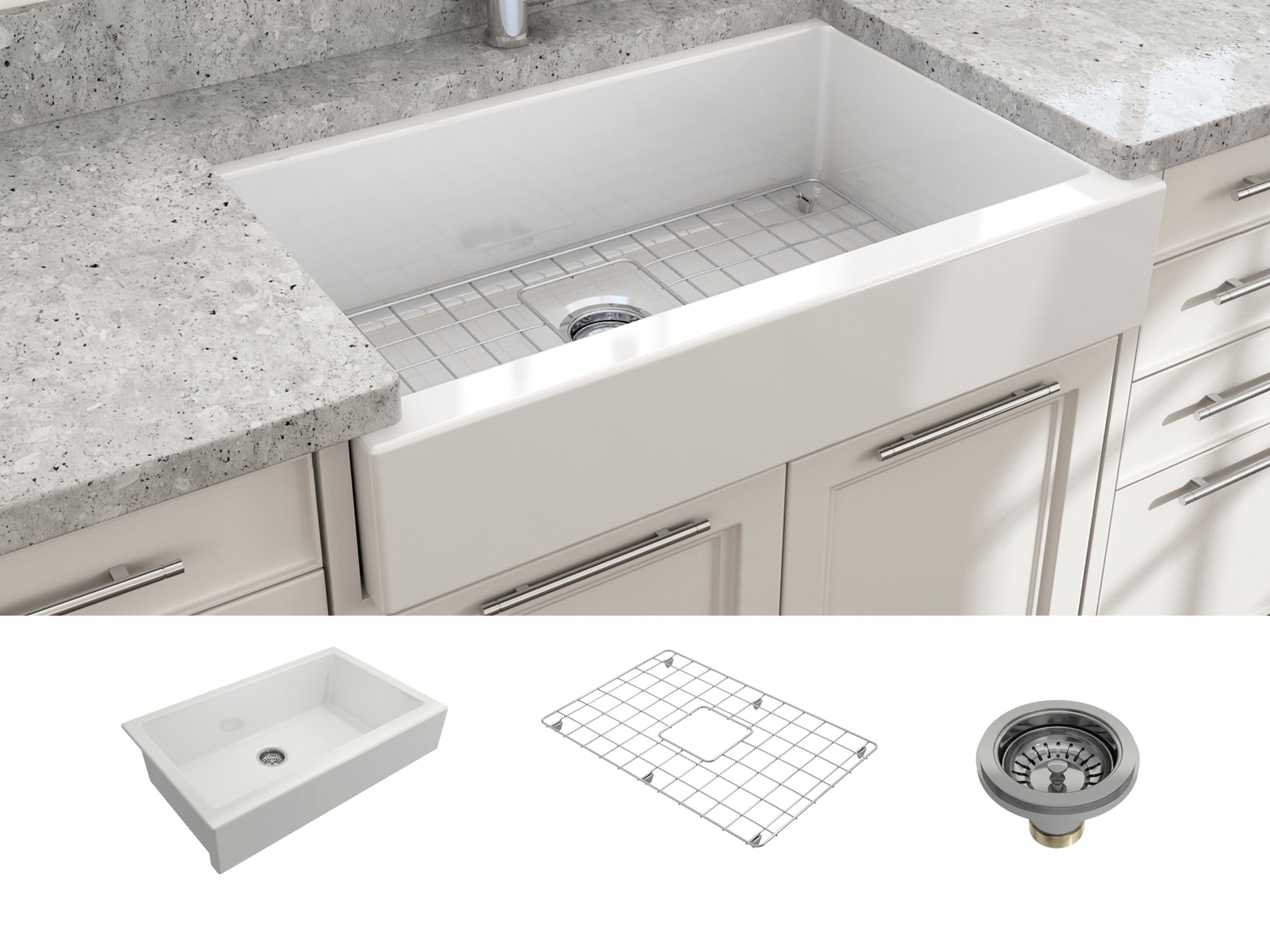 BOCCHI Nuova Pro 34" White Single Bowl Fireclay Farmhouse Sink with Grid