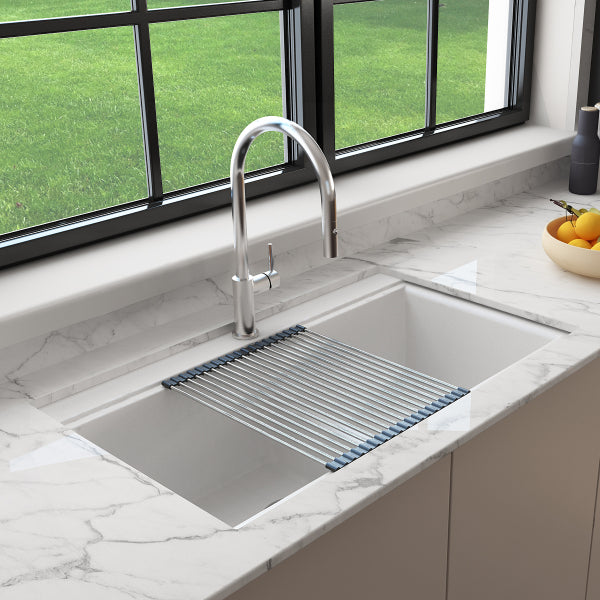 BOCCHI Baveno Lux 34D Milk White Double Bowl Granite Composite Sink w/ Integrated Workstation