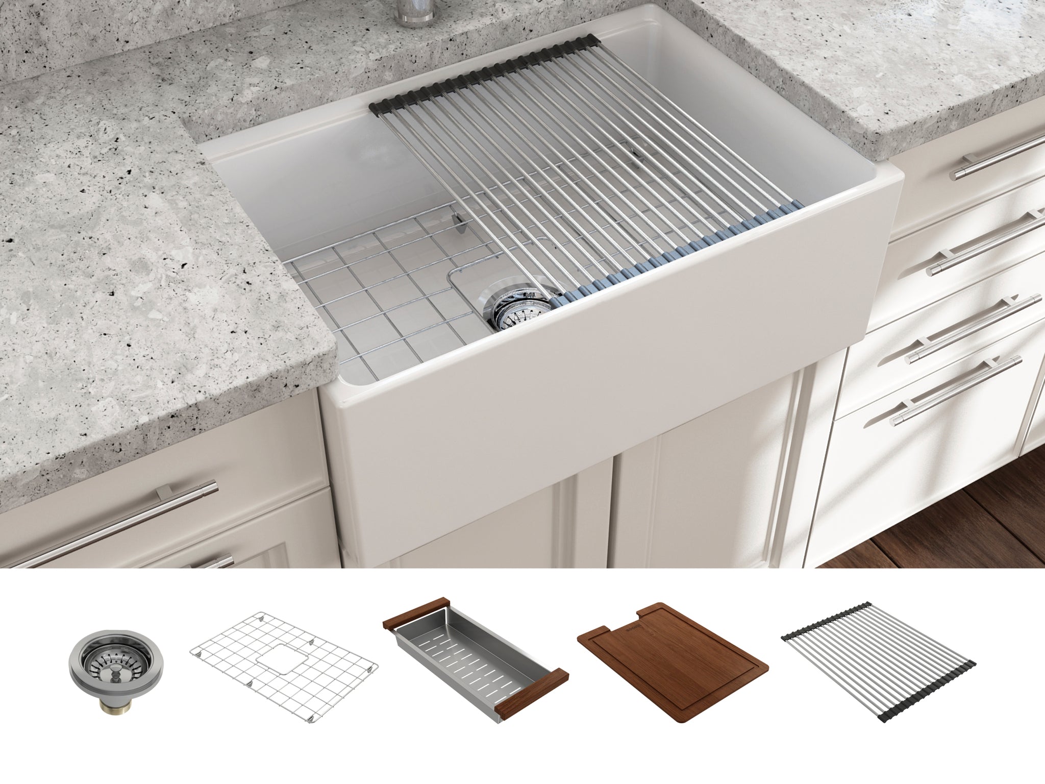 BOCCHI Contempo 27" White Single Bowl Fireclay Integrated Work Station Sink w/ Step-Rim