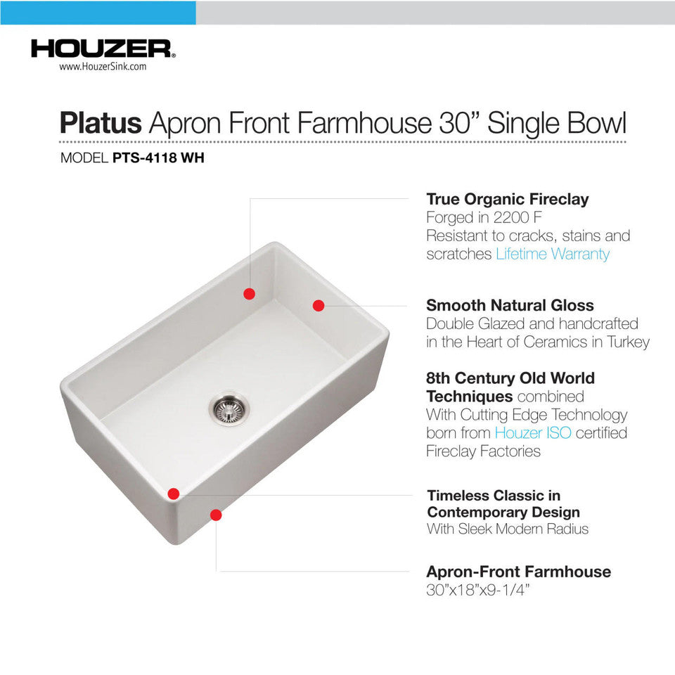 Houzer Platus PTS-4118 WH 30" White Fireclay Apron Front Farmhouse Single Bowl Kitchen Sink