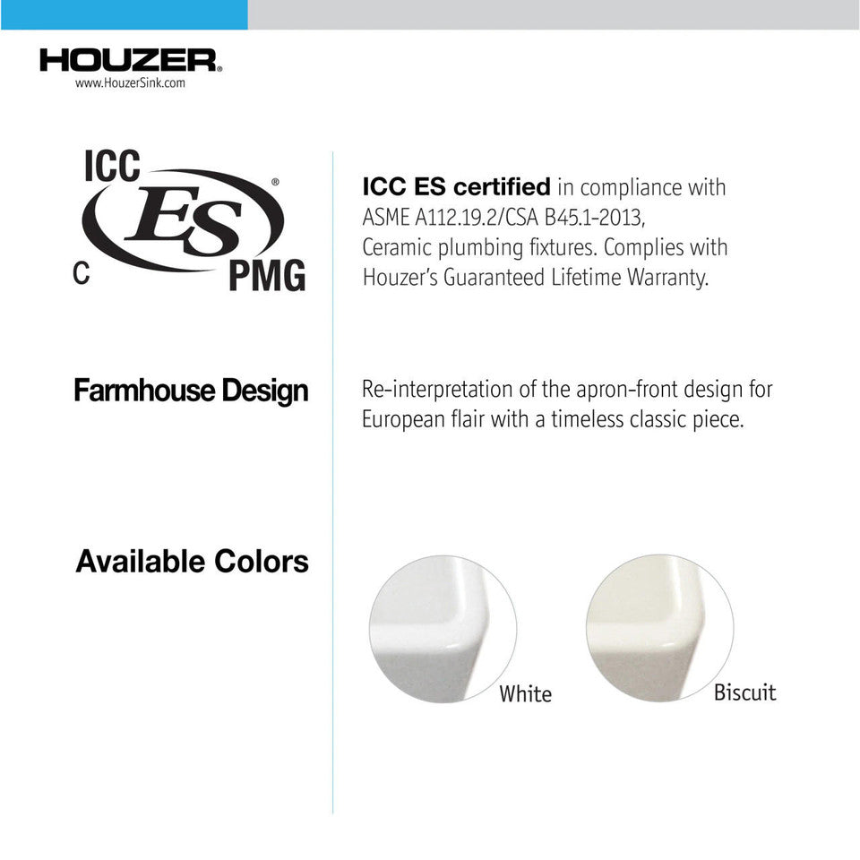 Houzer Platus PTS-4118 WH 30" White Fireclay Apron Front Farmhouse Single Bowl Kitchen Sink