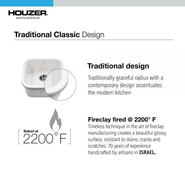 Houzer Platus PTB-1919-WH 19" White Single Square Undermount Fire Clay Sink