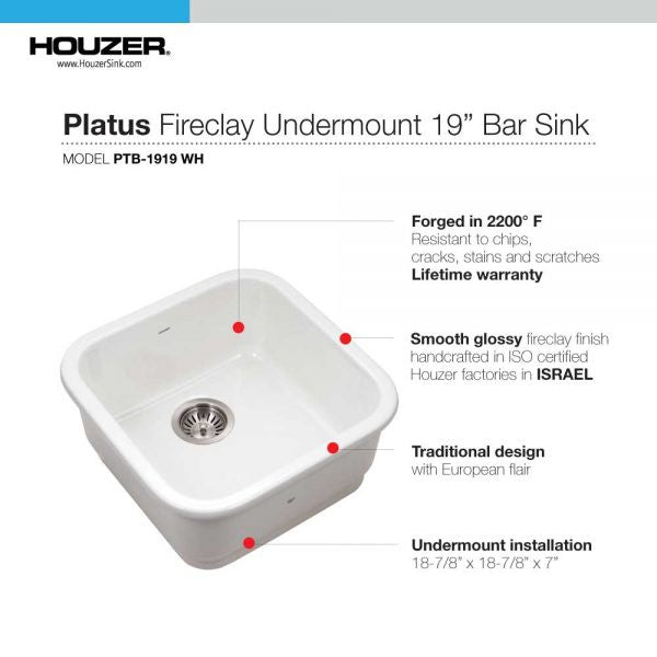 Houzer Platus PTB-1919-WH 19" White Single Square Undermount Fire Clay Sink