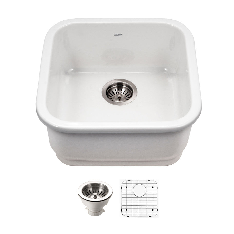 Houzer Platus PTB-1919-WH 19" White Single Square Undermount Fire Clay Sink