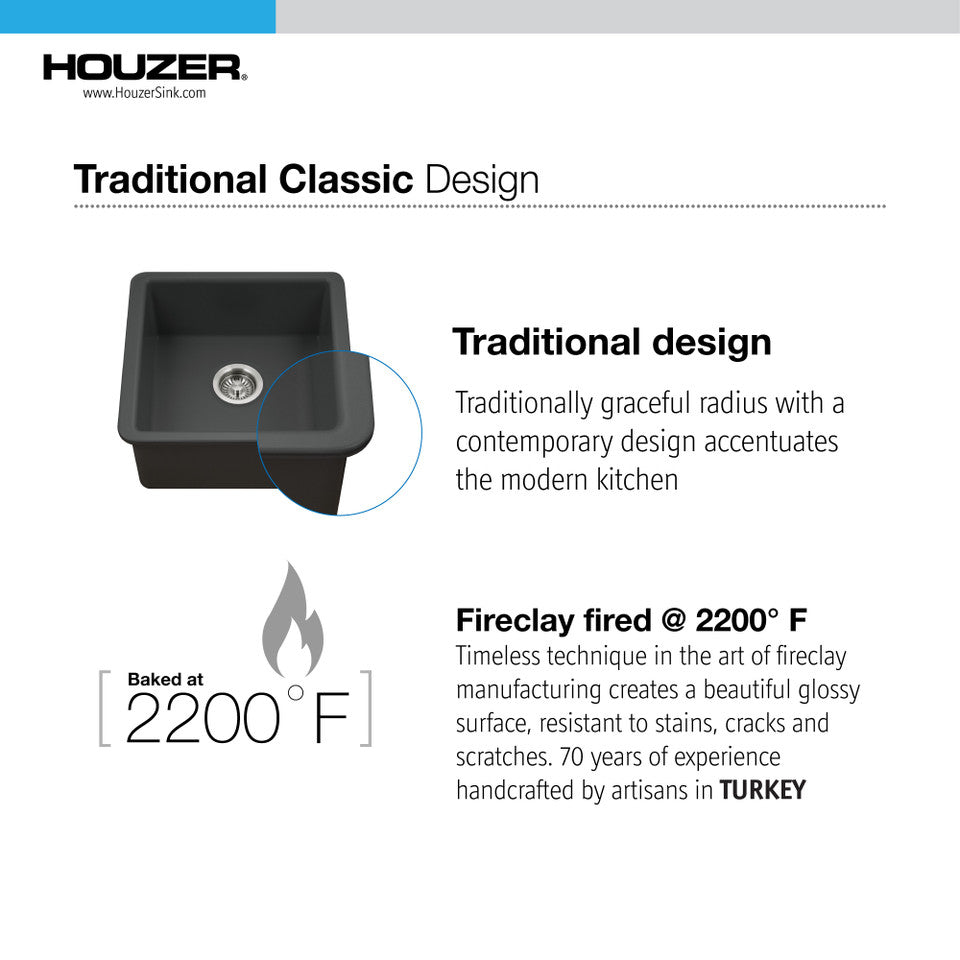 Houzer Platus PTB-2020-BL 20" Black Square Single Undermount Fire Clay Sink