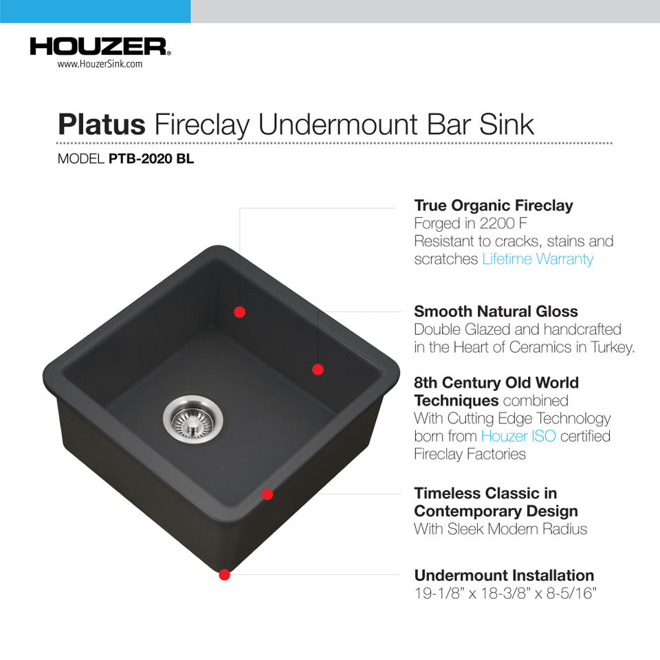 Houzer Platus PTB-2020-BL 20" Black Square Single Undermount Fire Clay Sink