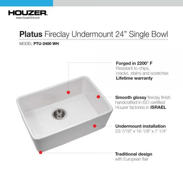 Houzer Platus PTU-2400 WH 24" White Fireclay Undermount Single Bowl Kitchen Sink