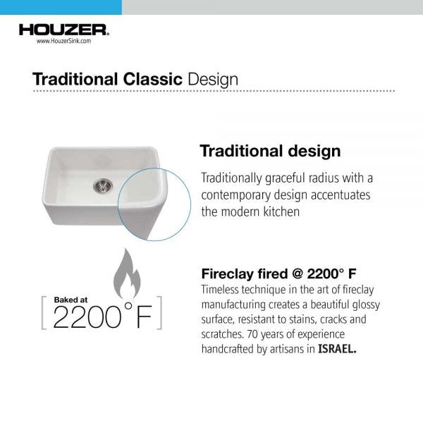 Houzer Platus PTU-2400 WH 24" White Fireclay Undermount Single Bowl Kitchen Sink