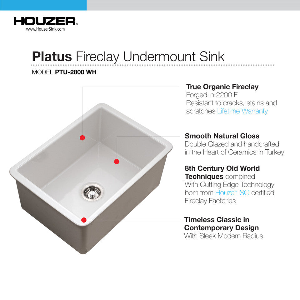 Houzer Platus PTU-2800 WH 26" White Fireclay Undermount Single Bowl Kitchen Sink