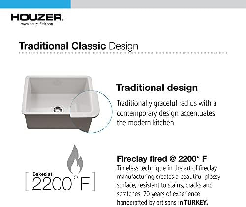 Houzer Platus PTU-2800 WH 26" White Fireclay Undermount Single Bowl Kitchen Sink