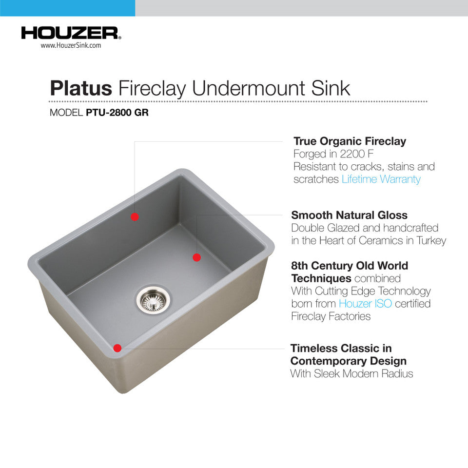 Houzer Platus PTU-2800 BL 26" Black Fireclay Undermount Single Bowl Kitchen Sink