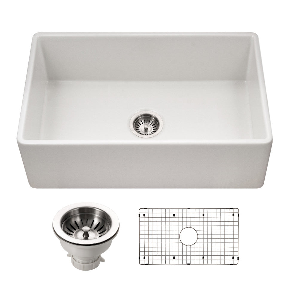 Houzer Platus PTS-4118 WH 30" White Fireclay Apron Front Farmhouse Single Bowl Kitchen Sink