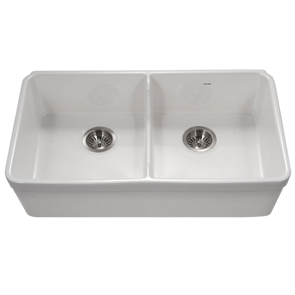 Houzer Platus PTD-6400 WH 32" Fireclay Apron Front Farmhouse 50/50 Double Bowl Kitchen Sink with Low Divider