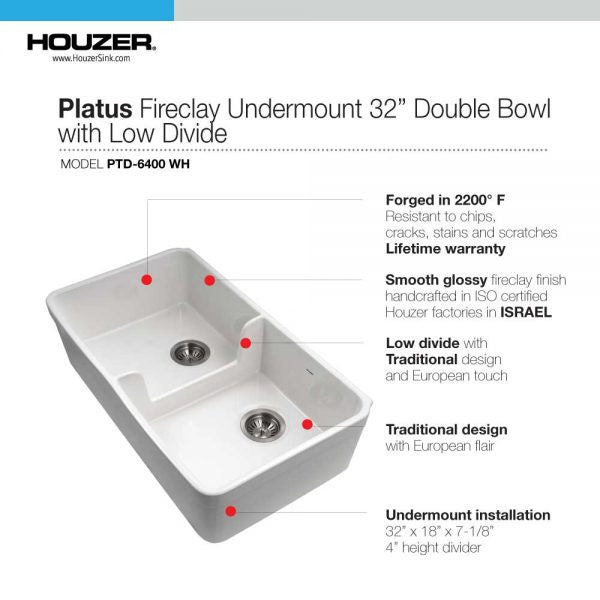 Houzer Platus PTD-6400 WH 32" Fireclay Apron Front Farmhouse 50/50 Double Bowl Kitchen Sink with Low Divider