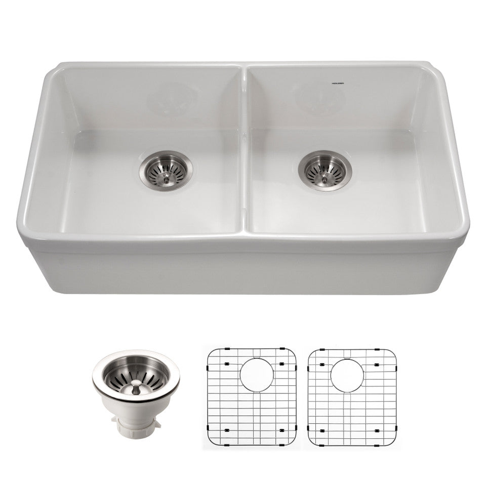 Houzer Platus PTD-6400 WH 32" Fireclay Apron Front Farmhouse 50/50 Double Bowl Kitchen Sink with Low Divider