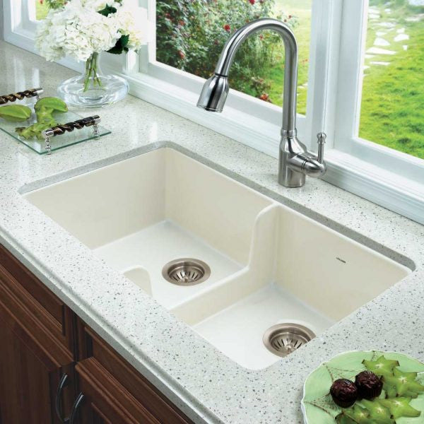 Houzer Platus PTD-6400 BQ 32" Biscuit Fireclay Apron Front Farmhouse 50/50 Double Bowl Kitchen Sink with Low Divider
