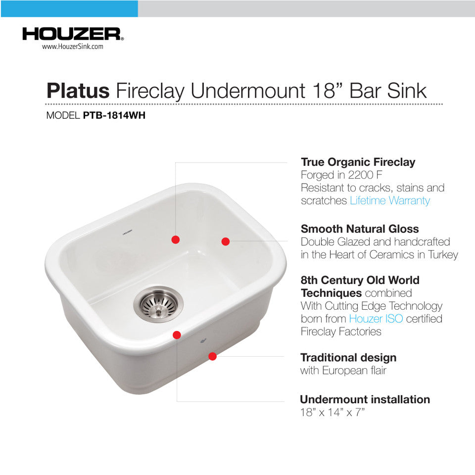 Houzer Platus PTB-1814-WH 18" White Single Undermount Fire Clay Sink