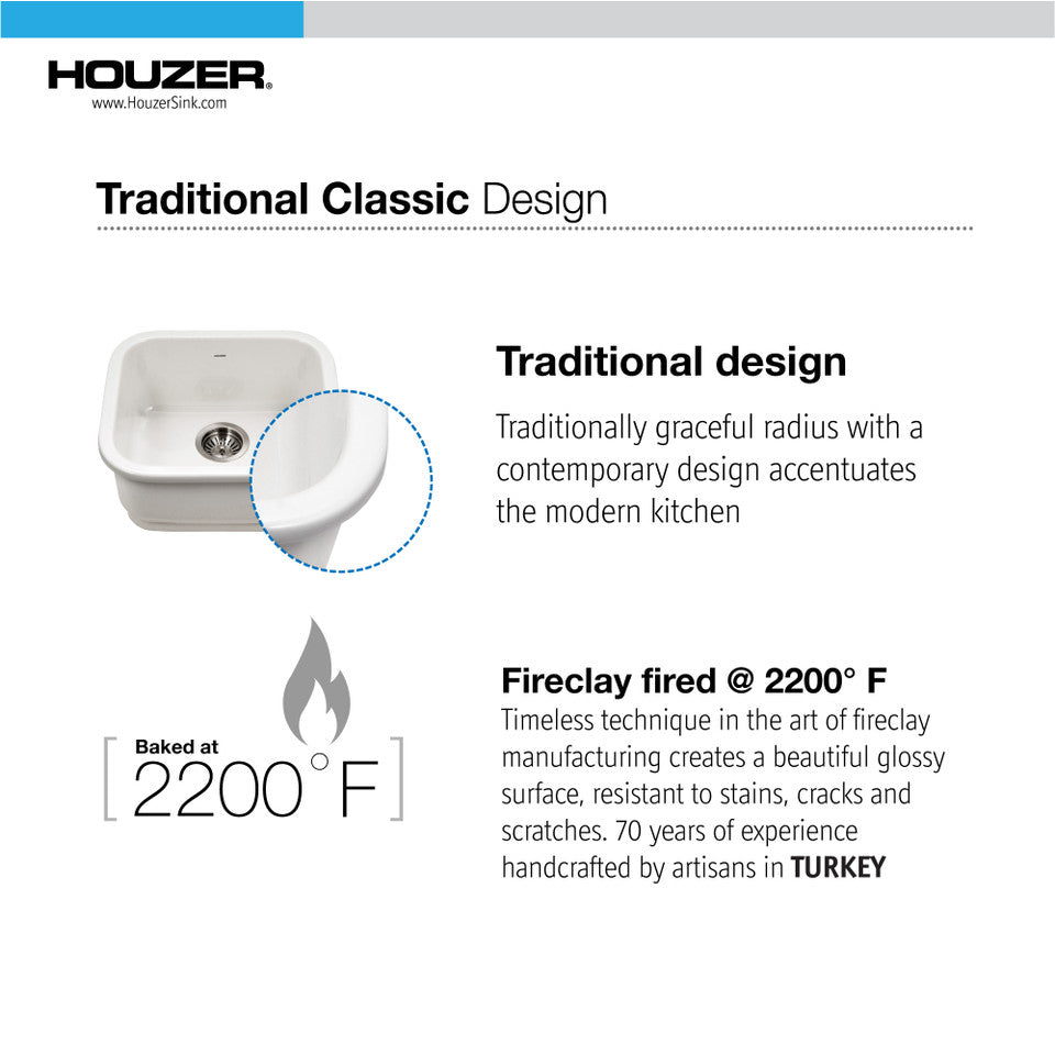 Houzer Platus PTB-1814-WH 18" White Single Undermount Fire Clay Sink