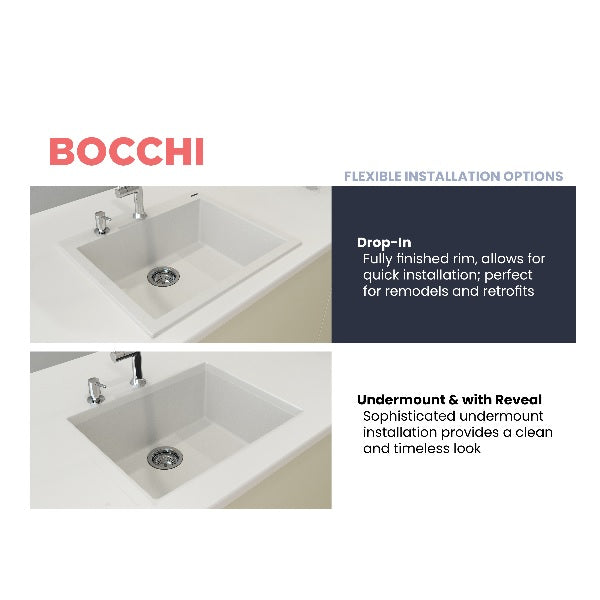 BOCCHI Campino Uno 24" Milk White Single Bowl Granite Undermount Sink
