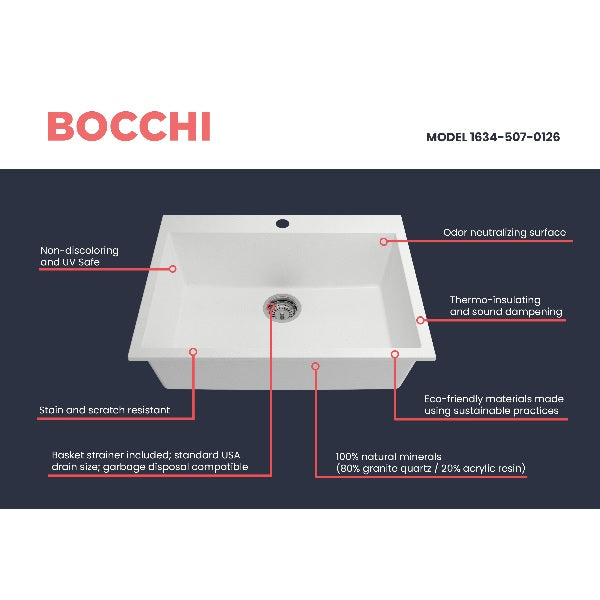BOCCHI Campino Uno 27" Milk White Single Bowl Dual-Mount Granite Composite Sink