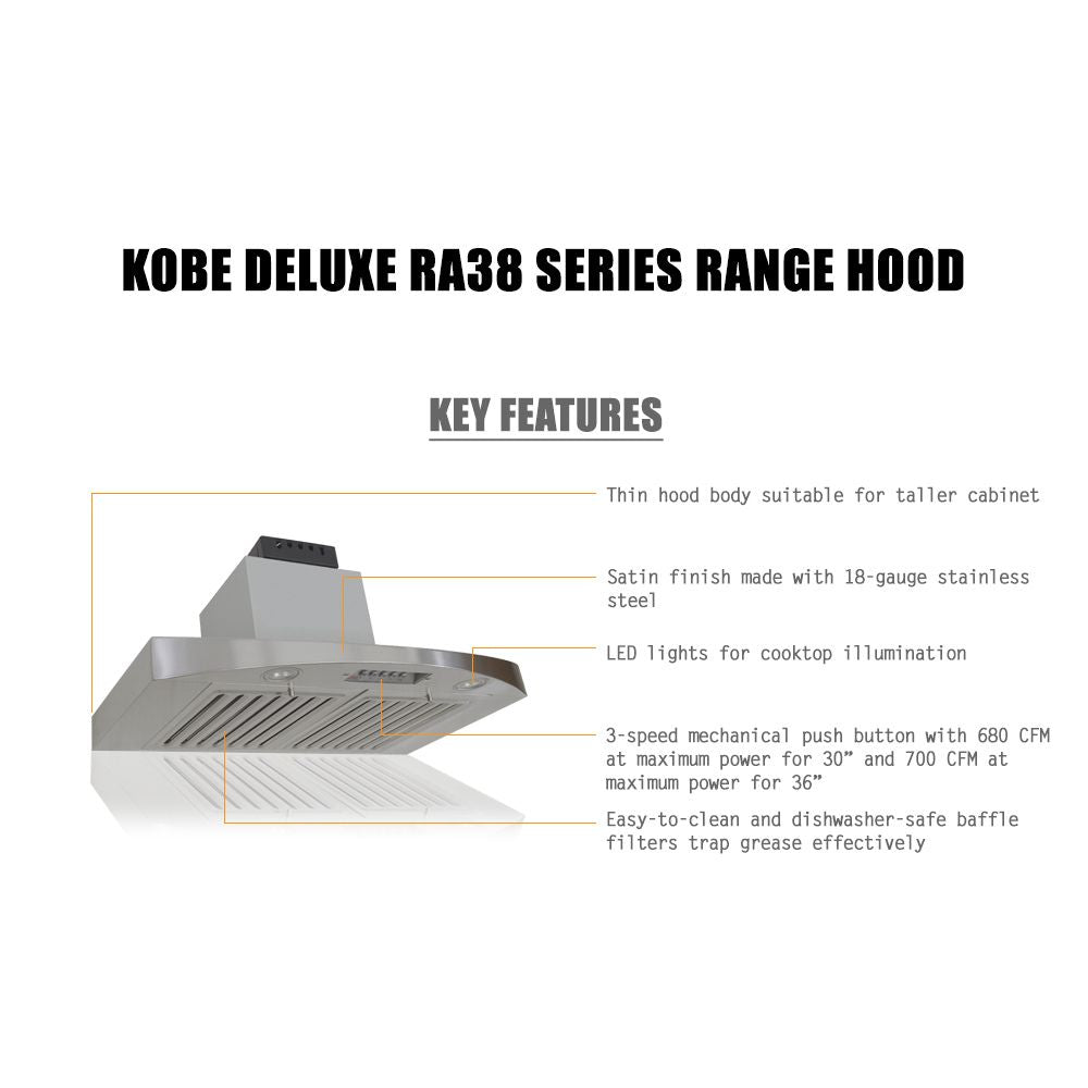 KOBE RA3830SQB-5 Deluxe 30" Under Cabinet Range Hood, 3-Speed, 680 CFM