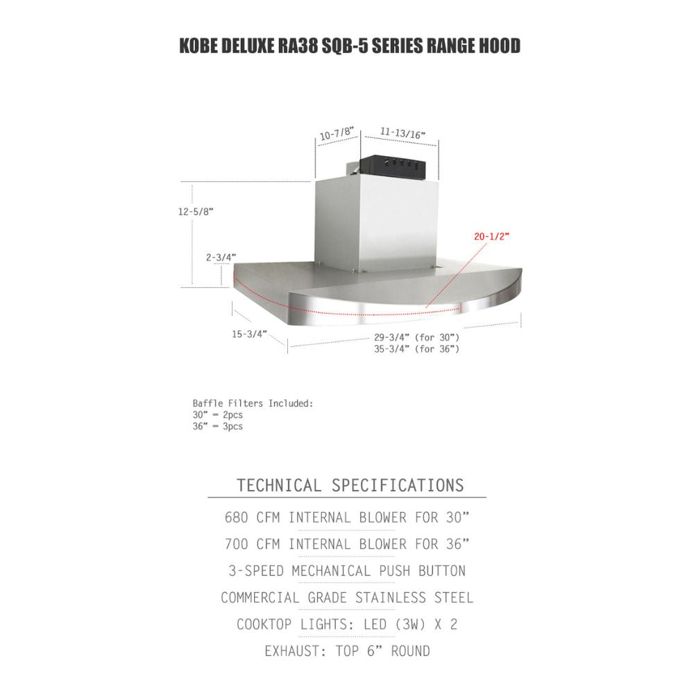 KOBE RA3830SQB-5 Deluxe 30" Under Cabinet Range Hood, 3-Speed, 680 CFM