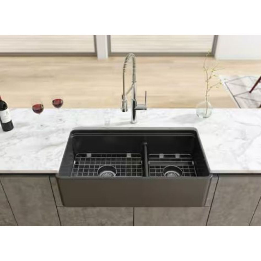 Latoscana LDL3619B 36" Black Double Bowl Fireclay Farmhouse Sink