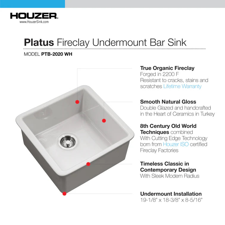 Houzer Platus PTB-2020-BQ 20" Biscuit Square Single Undermount Fire Clay Sink
