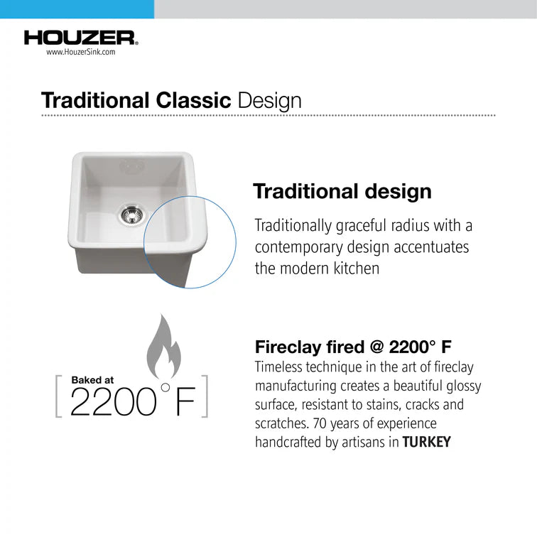 Houzer Platus PTB-2020-BQ 20" Biscuit Square Single Undermount Fire Clay Sink