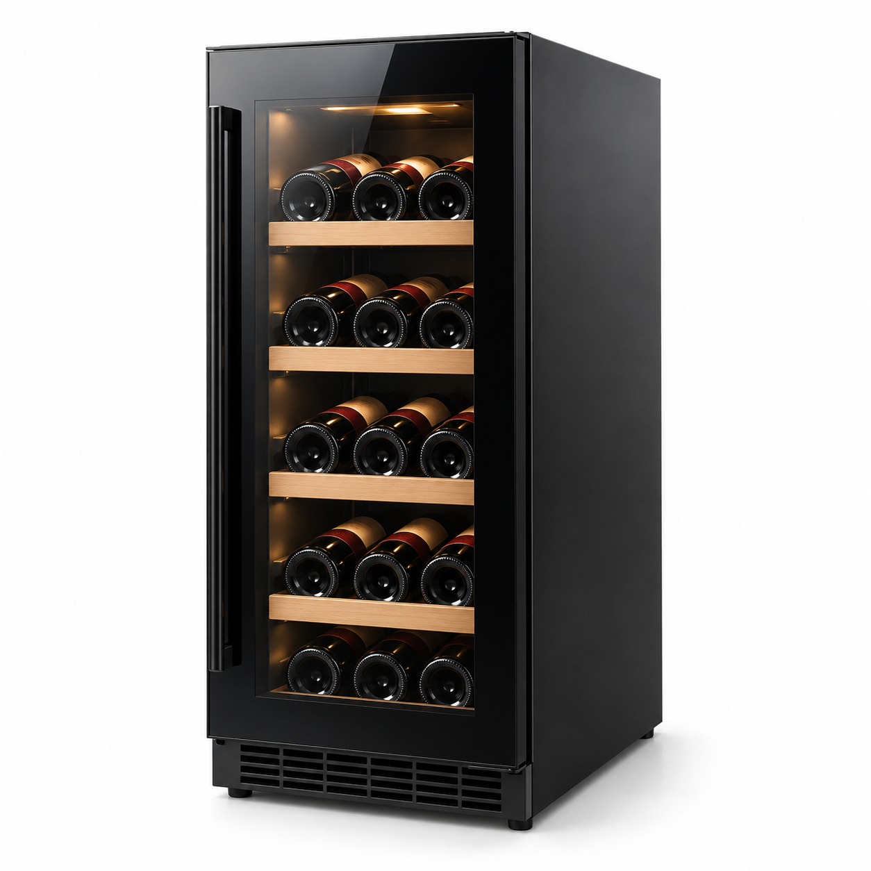 15-inch black glass undercounter wine fridge, three-quarter product view