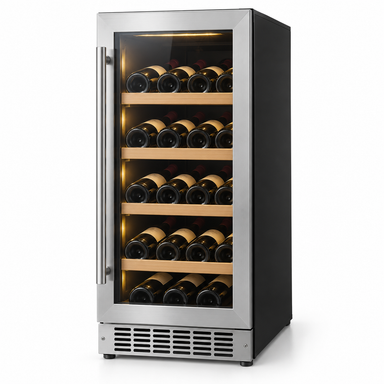 18-inch stainless steel undercounter wine fridge, three-quarter product view