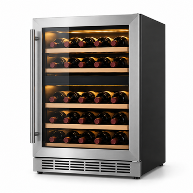 24-inch stainless steel dual zone wine fridge, three-quarter product view