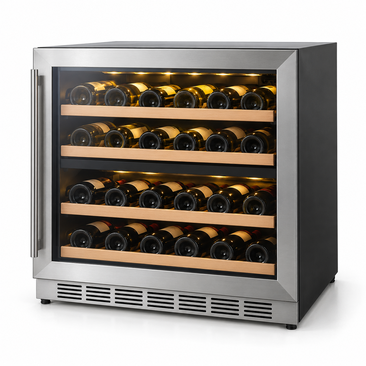 30-inch stainless steel dual zone undercounter wine fridge, three-quarter product view