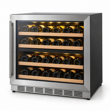 30-inch stainless steel dual zone undercounter wine fridge, three-quarter product view