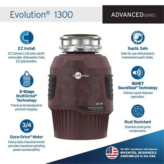 InSinkErator Evolution 1300, 3/4 HP Garbage Disposal, Advanced Series EZ Connect