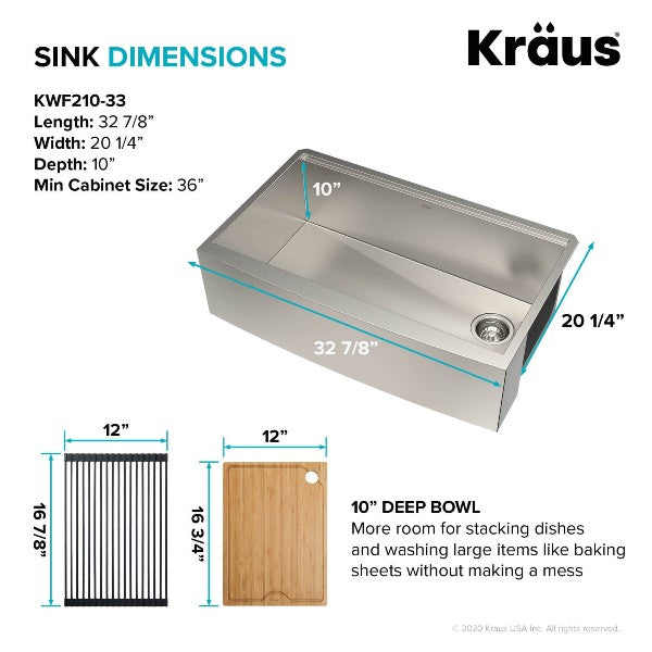 Kraus Kore KWF210-33 33" Stainless Steel Single Bowl Farmhouse Sink w/ Integrated Ledge