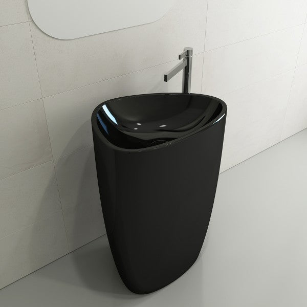 BOCCHI Etna 33" Black Monoblock Pedestal Bathroom Sink Fireclay w/ Matching Drain Cover